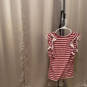 Striped Ruffle Sleeve Blouse - Red and White #2008